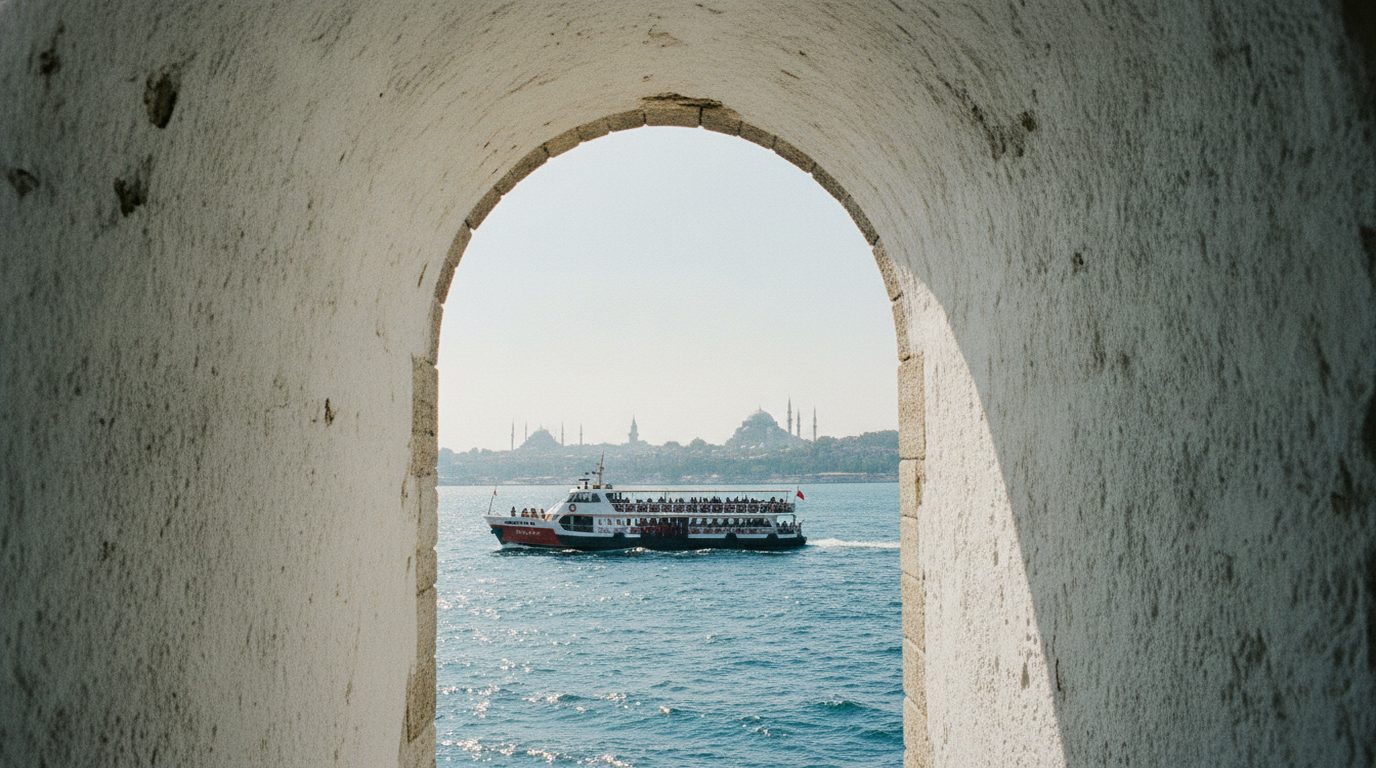 View through a deep whitewashed arched window of the Maiden's Tower: a passenger boat on blue water with the old-city skyline hazy beyond