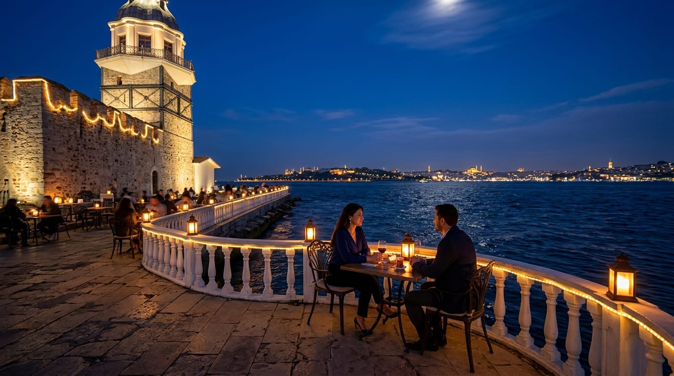 Café tables with glowing lanterns on the Maiden's Tower islet terrace at dusk, the darkening Bosphorus beyond the balustrade