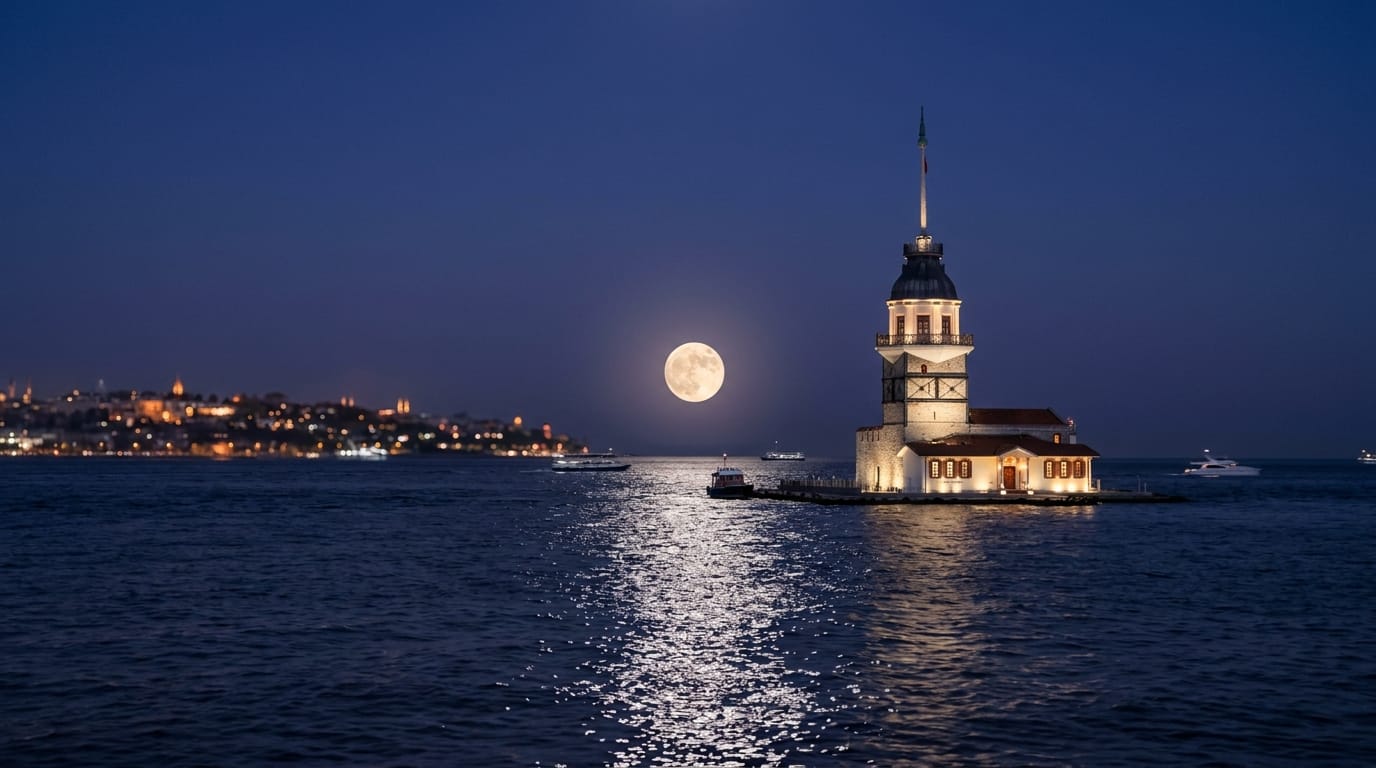 The Maiden's Tower on its islet in the Bosphorus at moonrise, a full moon behind the tower and moonlight on the dark water