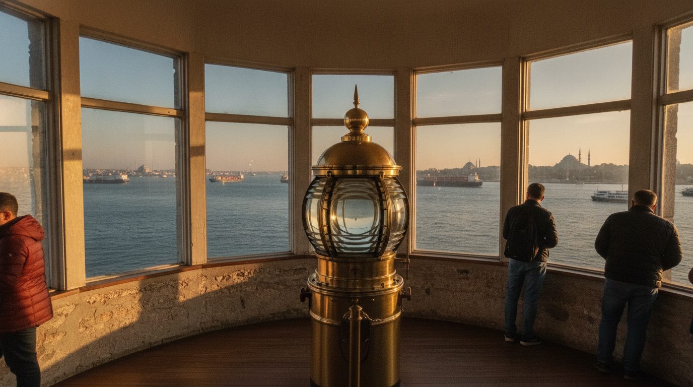 The glazed lantern gallery at the top of the Maiden's Tower, visitors at the windows around the brass lighthouse lantern at golden hour