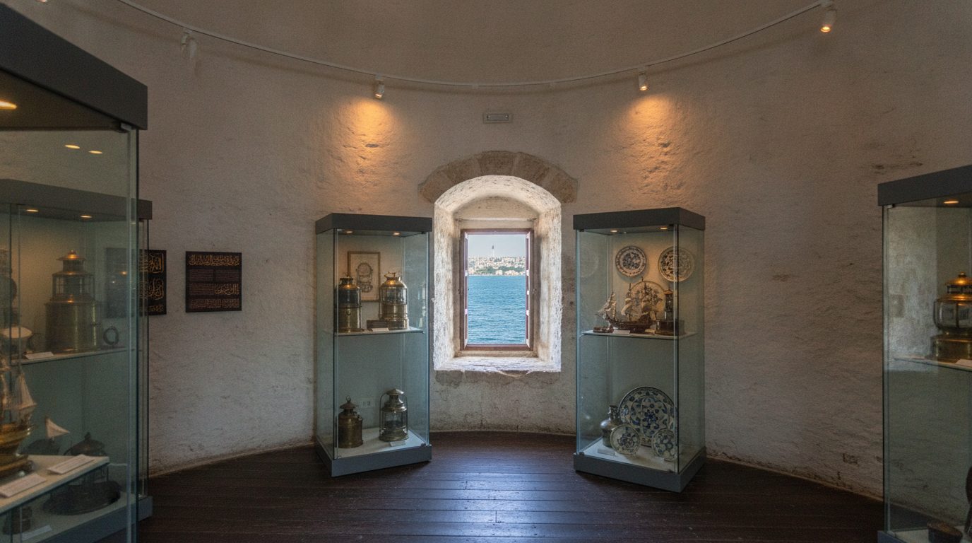 A whitewashed circular museum room inside the Maiden's Tower, glass display cases with brass lanterns, ship models and ceramics around a deep arched window on the Bosphorus