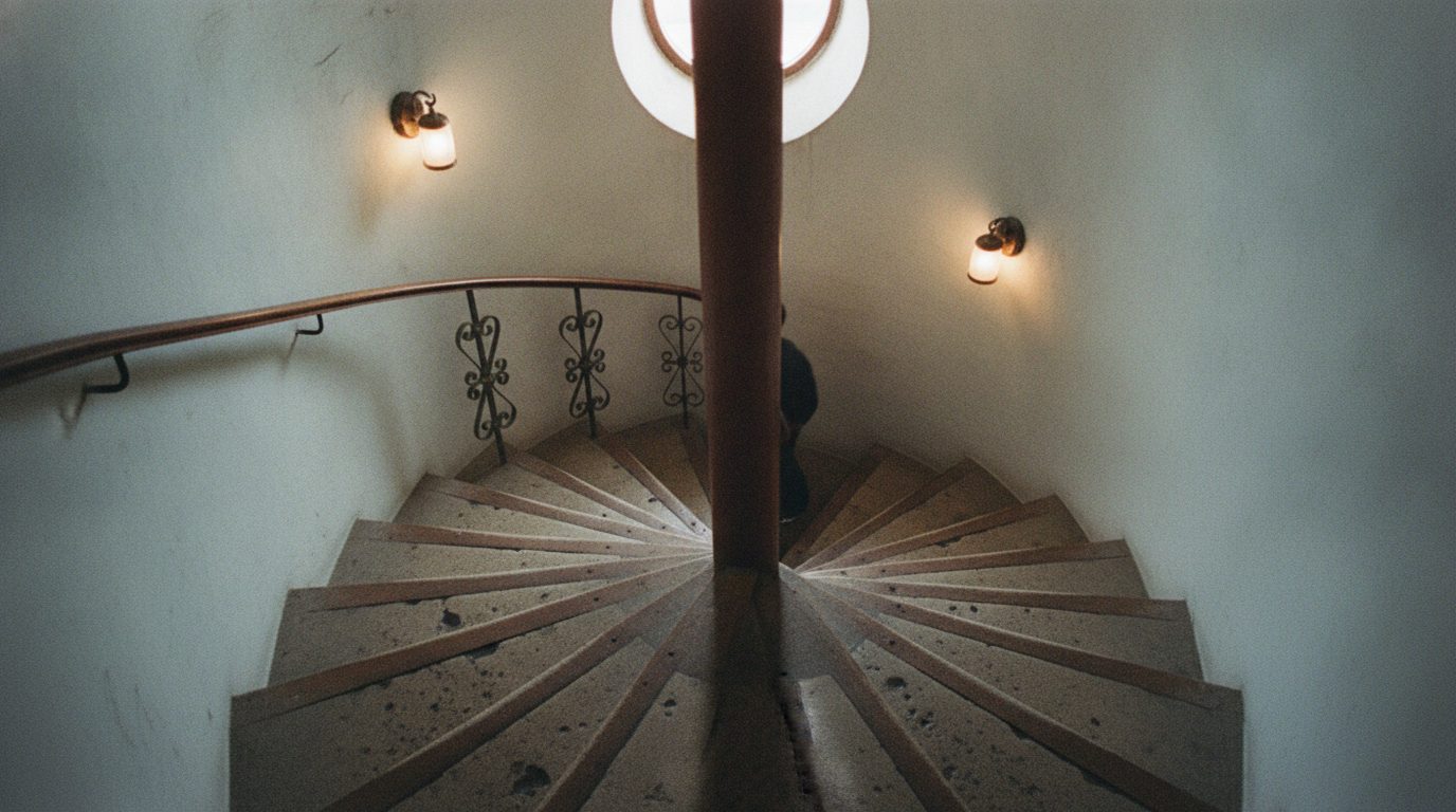 Looking down the Maiden's Tower's spiral staircase: stone treads around the central column, wrought-iron scrollwork balustrade and a round skylight above