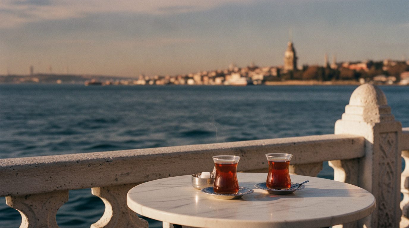 Two tulip glasses of Turkish tea on a marble table at a carved stone balustrade on the Salacak waterfront, the Maiden's Tower across the water behind